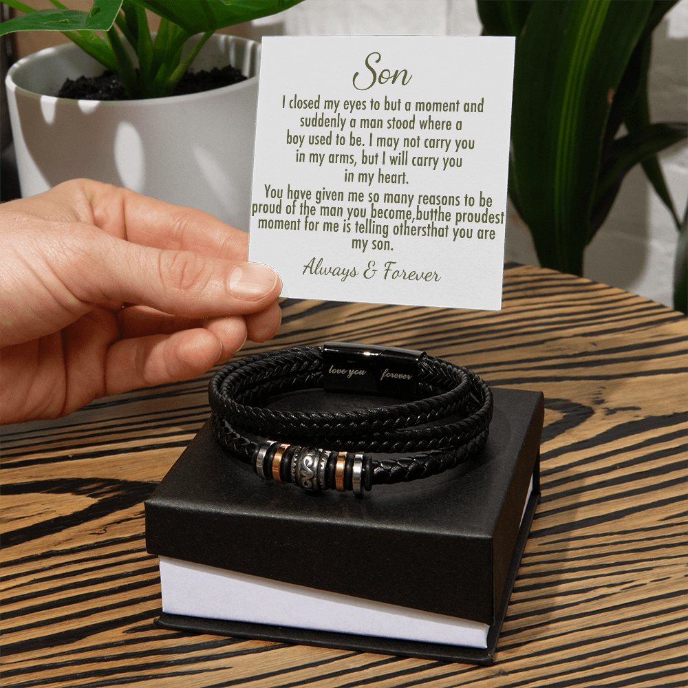 To My Son Bracelet From Mom, Love You Forever And Always Bracelets Gifts For Him With Card In Box, Mens Leather Bracelet For Sons On Birthday, Anniversary,  Highschool, Grad, Graduation