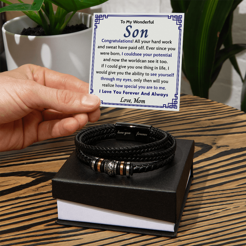 To My Wonderful Son Bracelet From Mom, I Love You Forever Bracelets Gifts For Him With Card In Box, Mens Leather Bracelet Jewelry For Men On Birthday, Anniversary, Grad, Graduation
