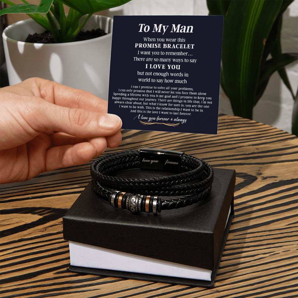 To My Man Bracelet With Box From Her, Jewelry Gift For Mens, Love You Forever Bracelets Gifts For Him Gift Card In My Massage Braided Leather Stainless Steel On Birthday, Anniversary, Christmas