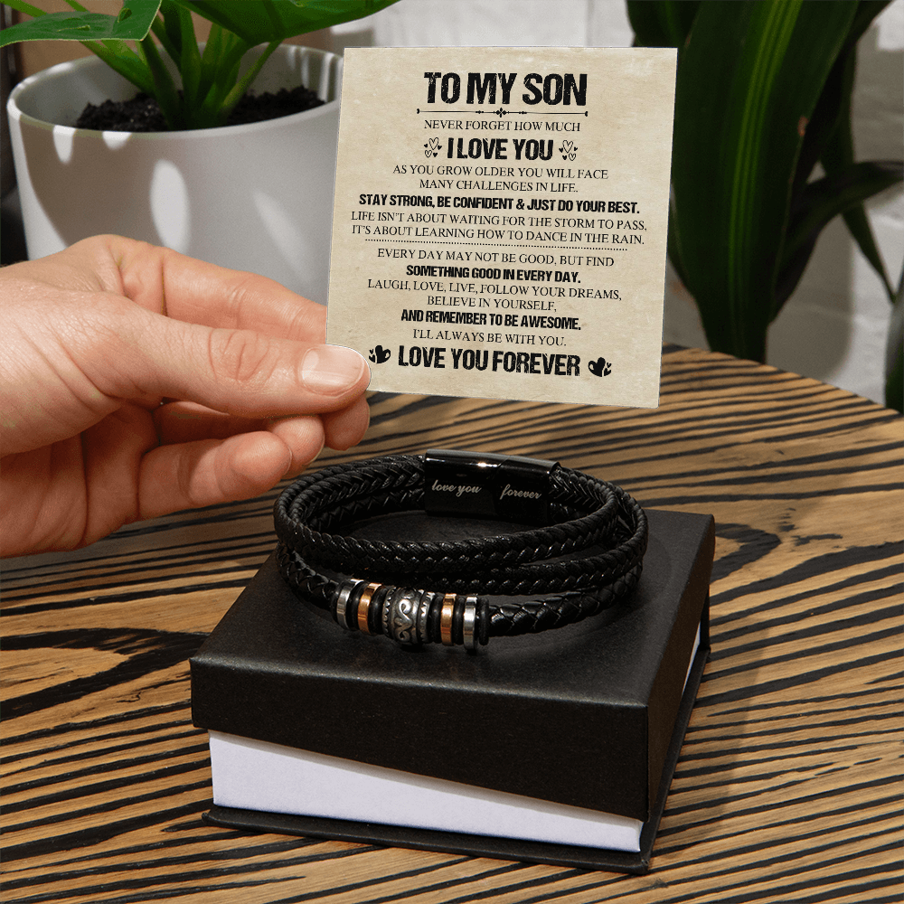 To My Son Bracelet From Mom, Love You Forever Bracelets Gifts For Him With Card In Box, Mens Leather Bracelet Jewelry For Men On Birthday, Anniversary, Highschool, Grad, Graduation