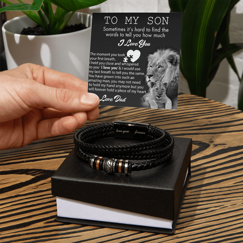 To My Son Lion Bracelet From Dad, I Love You Bracelets Love Dad On Highschool, Grad, Graduation For Him Gift Card In Box, Mens Leather Bracelets My Messages Gifts For Sons Love You Forever Bracelet