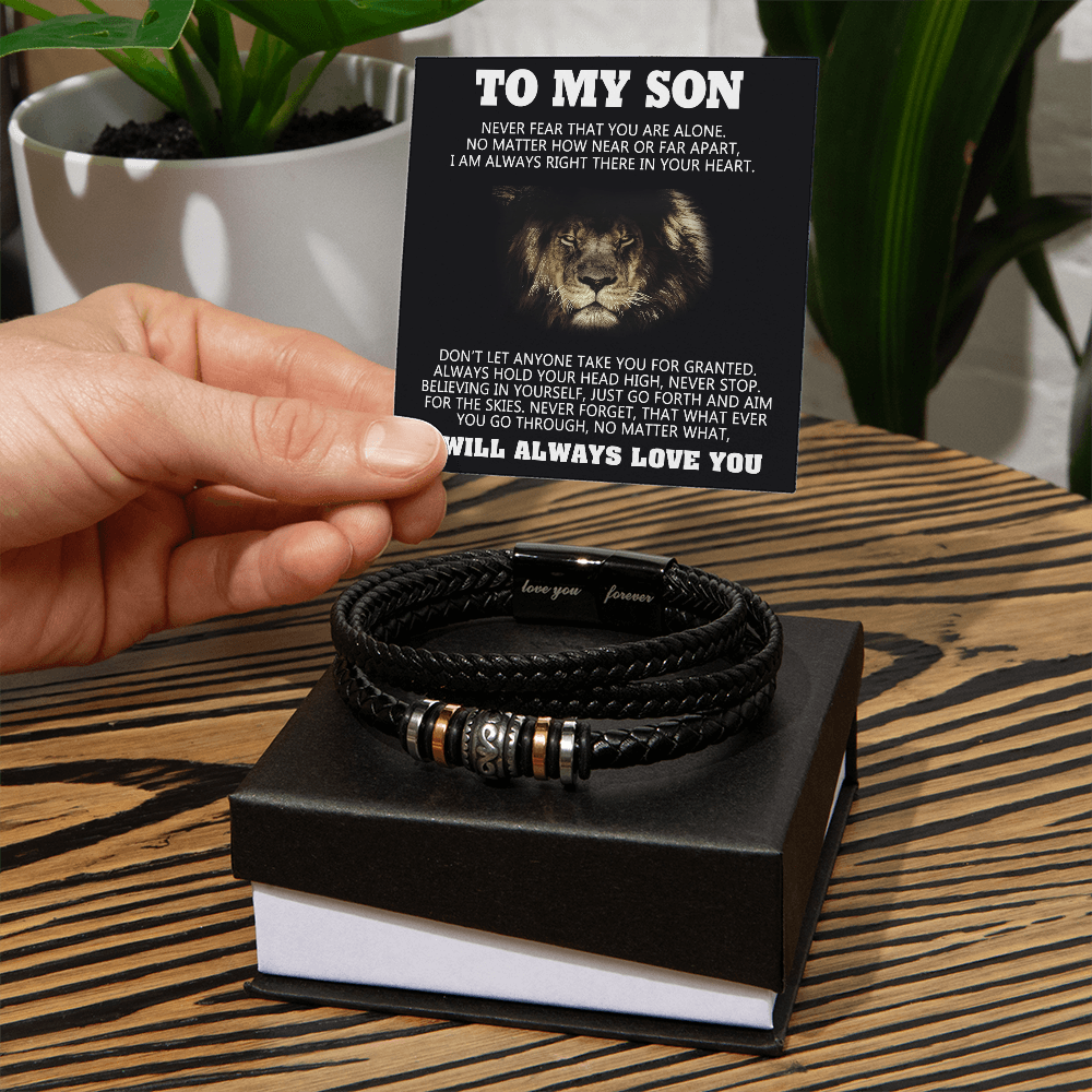 To My Son Lion Bracelet From Dad, Son Bracelets On Highschool, Grad, Graduation Gifts For Him Gift Card In Box, Mens Leather Bracelet My Messages Gifts For Sons Adult Love You Forever Bracelet