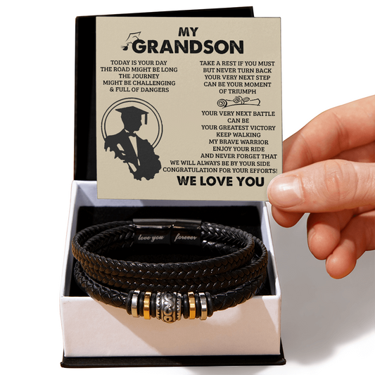 1 To My Grandson From Grandma, Braided Leather Bracelet With Love You Forever Message, Thoughtful Bracelets Gift from Grandpa And Grandma with Messages Card And Box On Christmas, Graduation