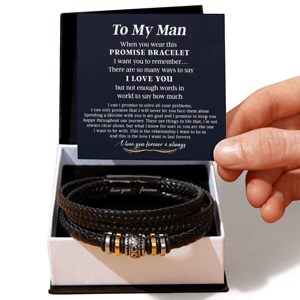 To My Man Bracelet With Box From Her, Jewelry Gift For Mens, Love You Forever Bracelets Gifts For Him Gift Card In My Massage Braided Leather Stainless Steel On Birthday, Anniversary, Christmas