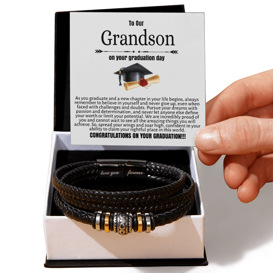 1 To My Grandson Leather Bracelet From Grandma or Grandpa, Inspirational Bracelets With Message Card In Box, Wristband for Birthday, Christmas, Graduation Love You Forever Bracelets Gifts For Him