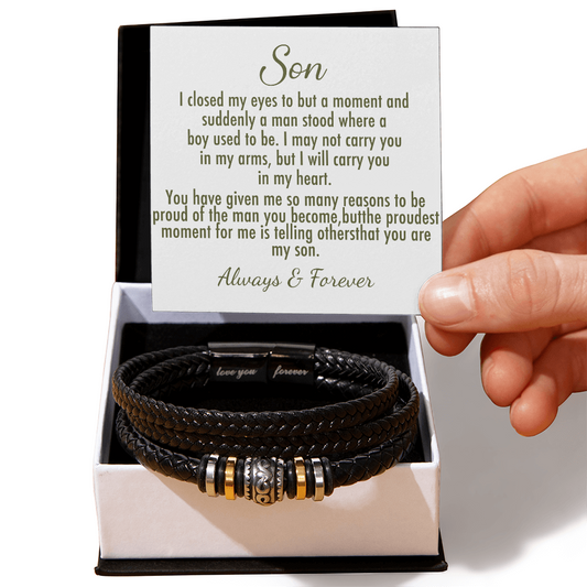 1 To My Son Bracelet From Mom, Love You Forever And Always Bracelets Gifts For Him With Card In Box, Mens Leather Bracelet For Sons On Birthday, Anniversary,  Highschool, Grad, Graduation