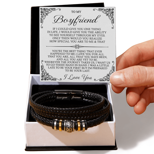 To My Man Bracelet With Box From Girlfriend, Girls Jewelry Gift For Mens, I Love You Forever Bracelets Gifts For Him Boyfriend Bracelets Gift Card In My Massage Braided Leather Promise Bracelet