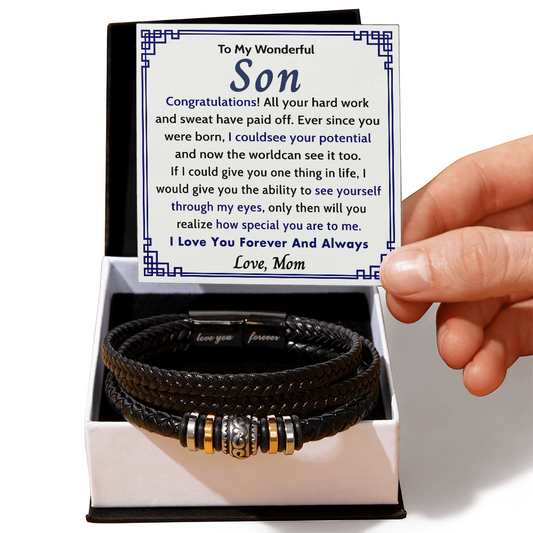 1 To My Wonderful Son Bracelet From Mom, I Love You Forever Bracelets Gifts For Him With Card In Box, Mens Leather Bracelet Jewelry For Men On Birthday, Anniversary, Grad, Graduation