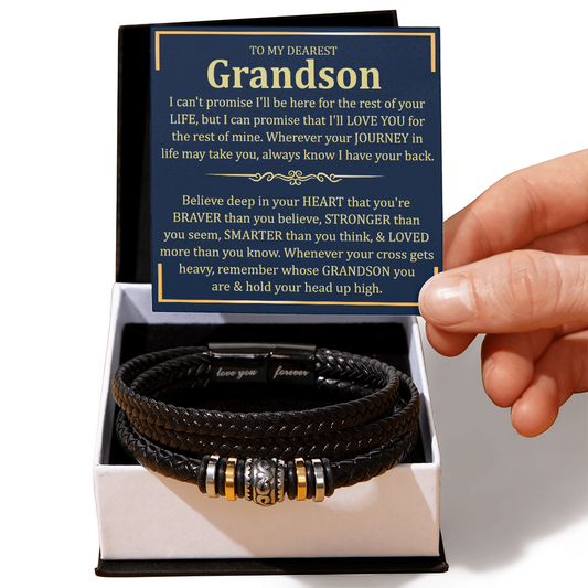 1 To My Dearest Grandson From Grandma, Braided Leather Bracelet Love You Forever Message, Thoughtful Bracelets Gift From Grandma With Messages Card And Box On Christmas, Graduation