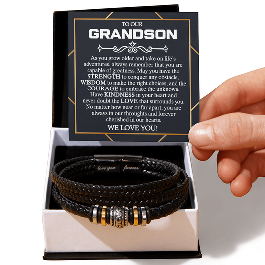 1 To My Grandson From Grandma, We Love You Braided Leather Bracelet Love You Forever Messages Card And Box, Thoughtful Bracelets Gift From Grandma On Christmas, Graduation