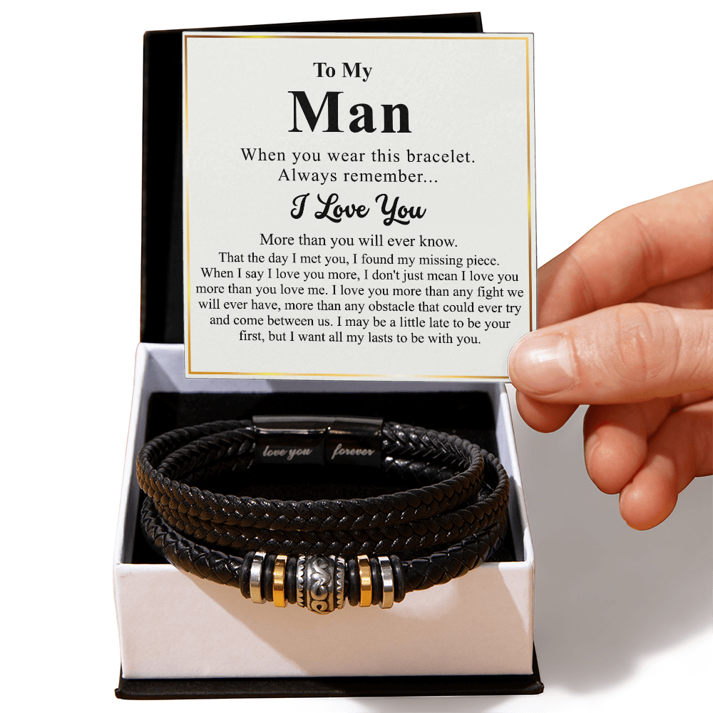To My Man Bracelet With Box From Wife, Jewelry Gift For Mens, Love You Forever Bracelets Gifts For Him Gift Card In My Massage Braided Leather Stainless Steel On Anniversary, Christmas