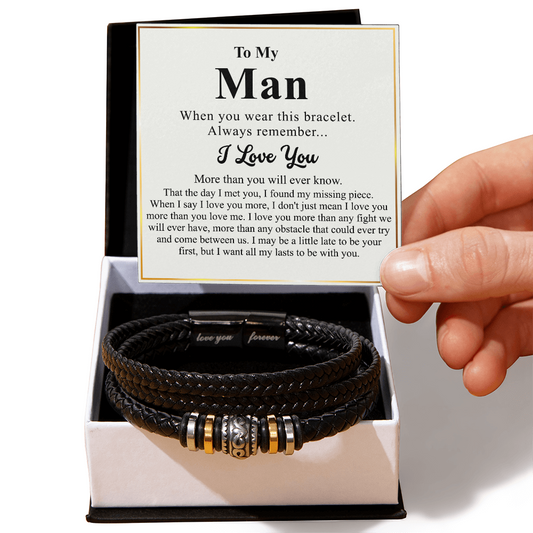 To My Man Bracelet With Box From Wife, Jewelry Gift For Mens, Love You Forever Bracelets Gifts For Him Gift Card In My Massage Braided Leather Stainless Steel On Anniversary, Christmas