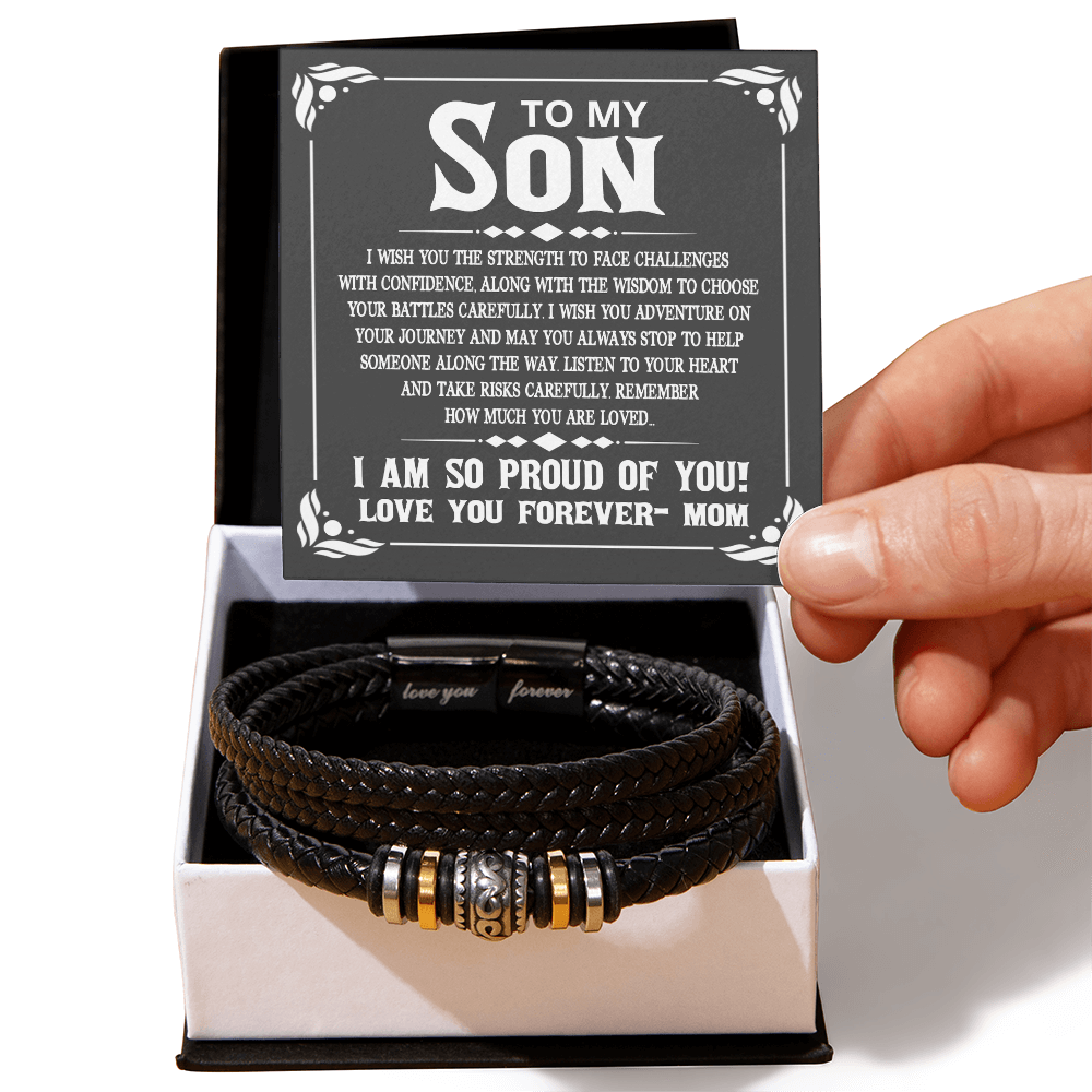 To My Son Bracelet From Mom Graduation, I Love You Forever Bracelets Gifts For Him With Card In Box, Mens Leather Bracelet Jewelry For Men On Birthday, Anniversary, Christmas, Grad