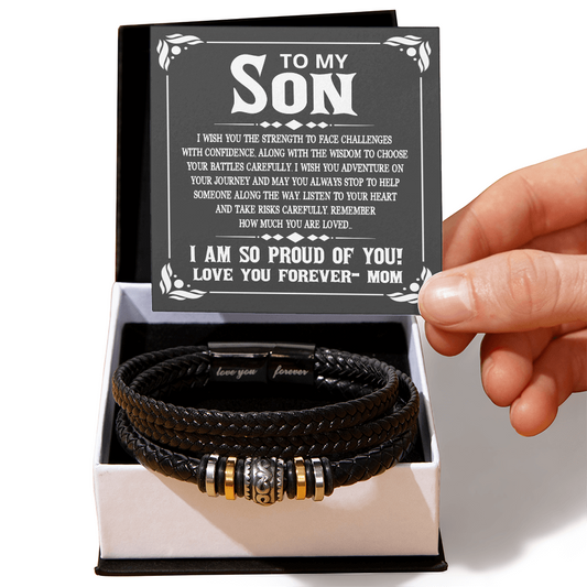 1 To My Son Bracelet From Mom Graduation, I Love You Forever Bracelets Gifts For Him With Card In Box, Mens Leather Bracelet Jewelry For Men On Birthday, Anniversary, Christmas, Grad