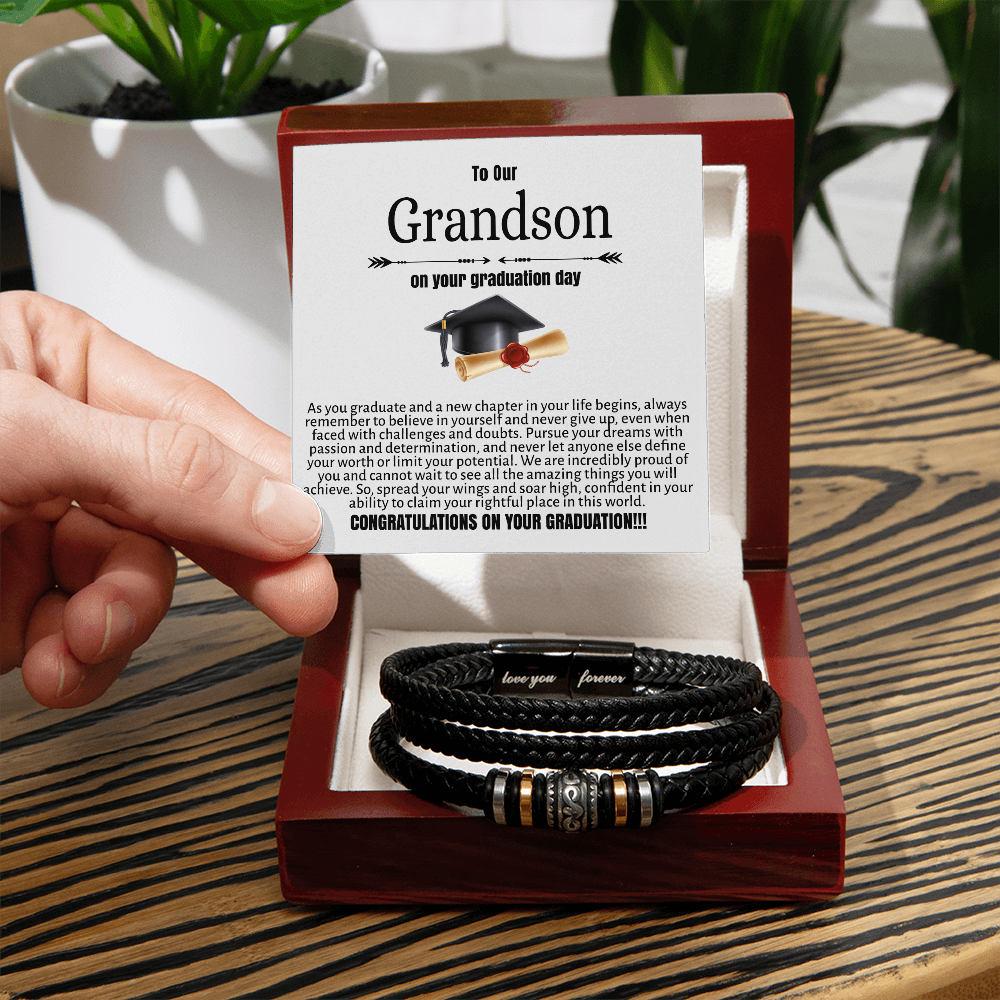 To My Grandson Leather Bracelet From Grandma or Grandpa, Inspirational Bracelets With Message Card In Box, Wristband for Birthday, Christmas, Graduation Love You Forever Bracelets Gifts For Him