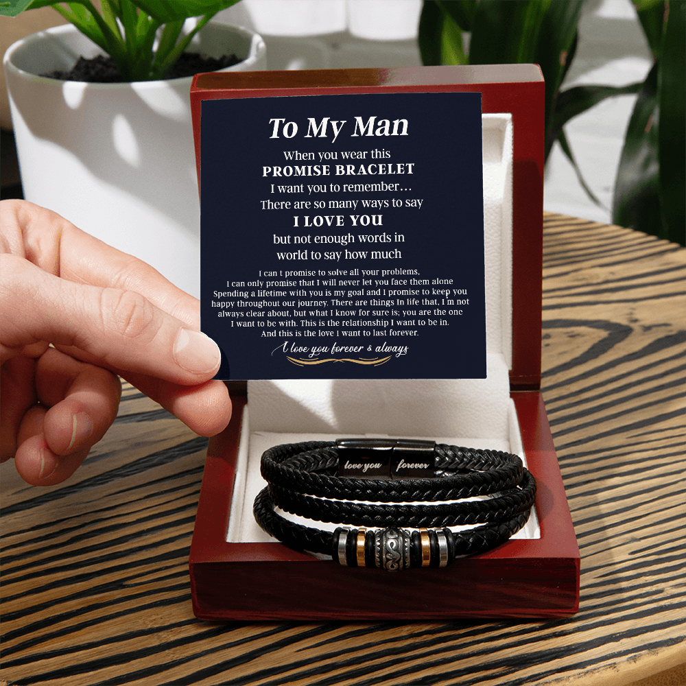 To My Man Bracelet With Box From Her, Jewelry Gift For Mens, Love You Forever Bracelets Gifts For Him Gift Card In My Massage Braided Leather Stainless Steel On Birthday, Anniversary, Christmas