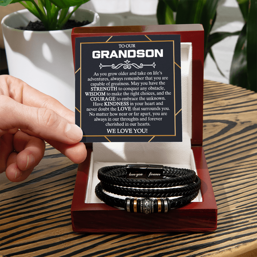 To My Grandson From Grandma, We Love You Braided Leather Bracelet Love You Forever Messages Card And Box, Thoughtful Bracelets Gift From Grandma On Christmas, Graduation