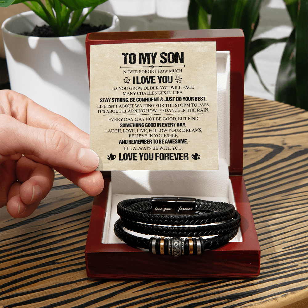 To My Son Bracelet From Mom, Love You Forever Bracelets Gifts For Him With Card In Box, Mens Leather Bracelet Jewelry For Men On Birthday, Anniversary, Highschool, Grad, Graduation
