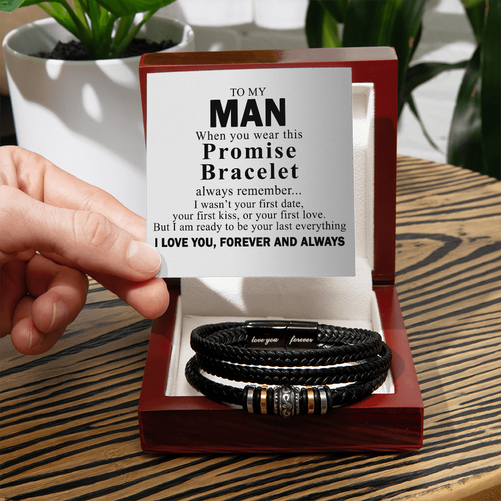To My Man Bracelet With Box From Wife, Jewelry Gift For Mens, I Love You Forever Bracelets Gifts For Him Gift Card In My Massage Braided Leather Promise Bracelet On Anniversary, Christmas