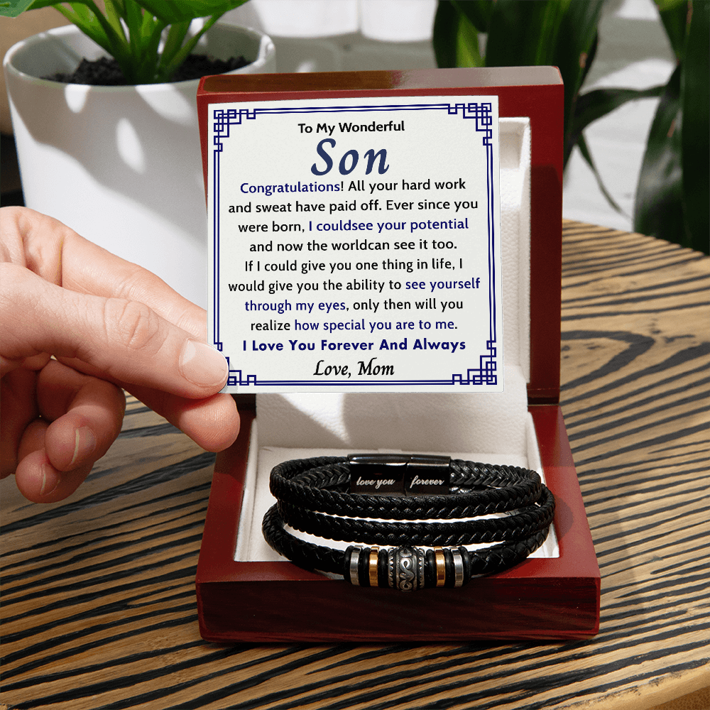 To My Wonderful Son Bracelet From Mom, I Love You Forever Bracelets Gifts For Him With Card In Box, Mens Leather Bracelet Jewelry For Men On Birthday, Anniversary, Grad, Graduation