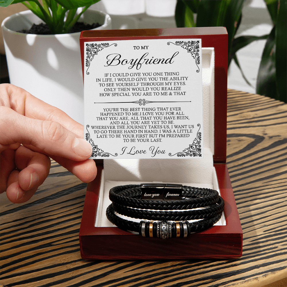 To My Man Bracelet With Box From Girlfriend, Girls Jewelry Gift For Mens, I Love You Forever Bracelets Gifts For Him Boyfriend Bracelets Gift Card In My Massage Braided Leather Promise Bracelet