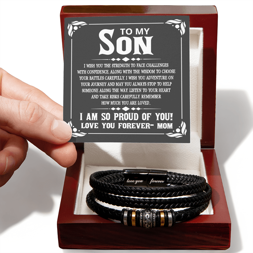 To My Son Bracelet From Mom Graduation, I Love You Forever Bracelets Gifts For Him With Card In Box, Mens Leather Bracelet Jewelry For Men On Birthday, Anniversary, Christmas, Grad