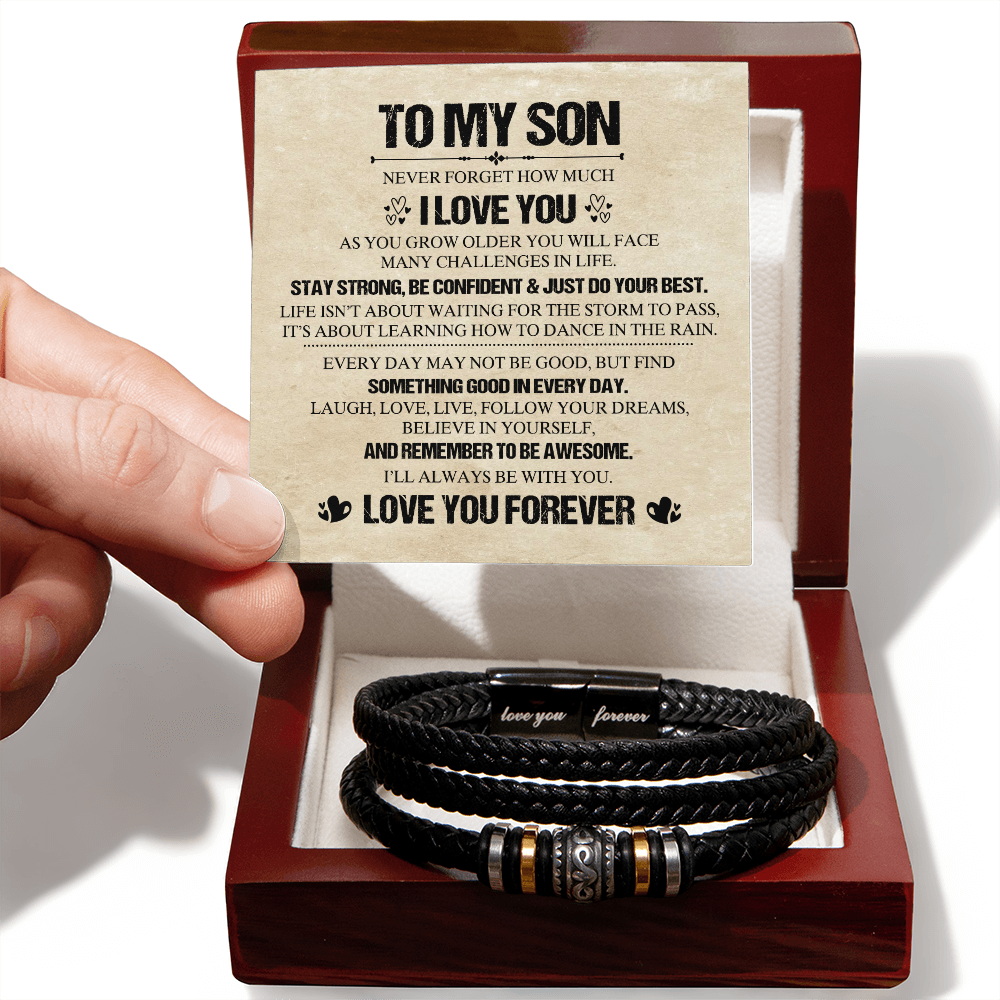 To My Son Bracelet From Mom, Love You Forever Bracelets Gifts For Him With Card In Box, Mens Leather Bracelet Jewelry For Men On Birthday, Anniversary, Highschool, Grad, Graduation