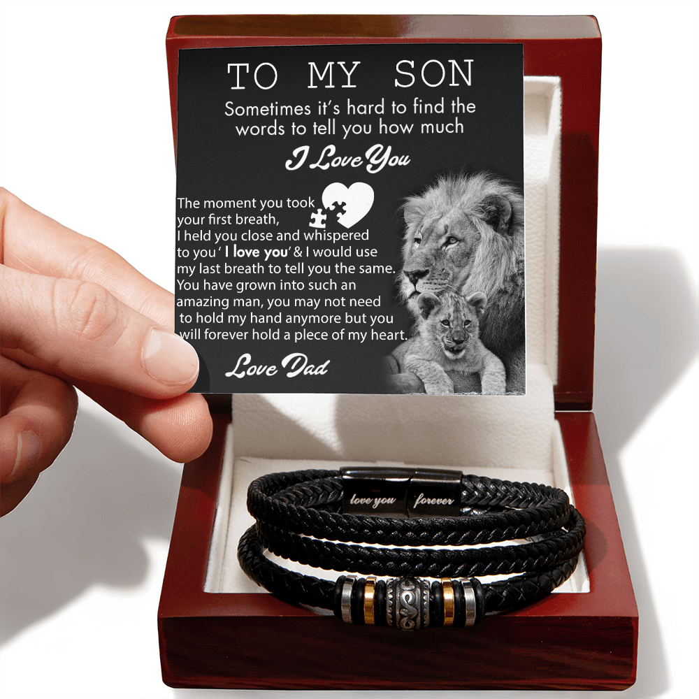 To My Son Lion Bracelet From Dad, I Love You Bracelets Love Dad On Highschool, Grad, Graduation For Him Gift Card In Box, Mens Leather Bracelets My Messages Gifts For Sons Love You Forever Bracelet