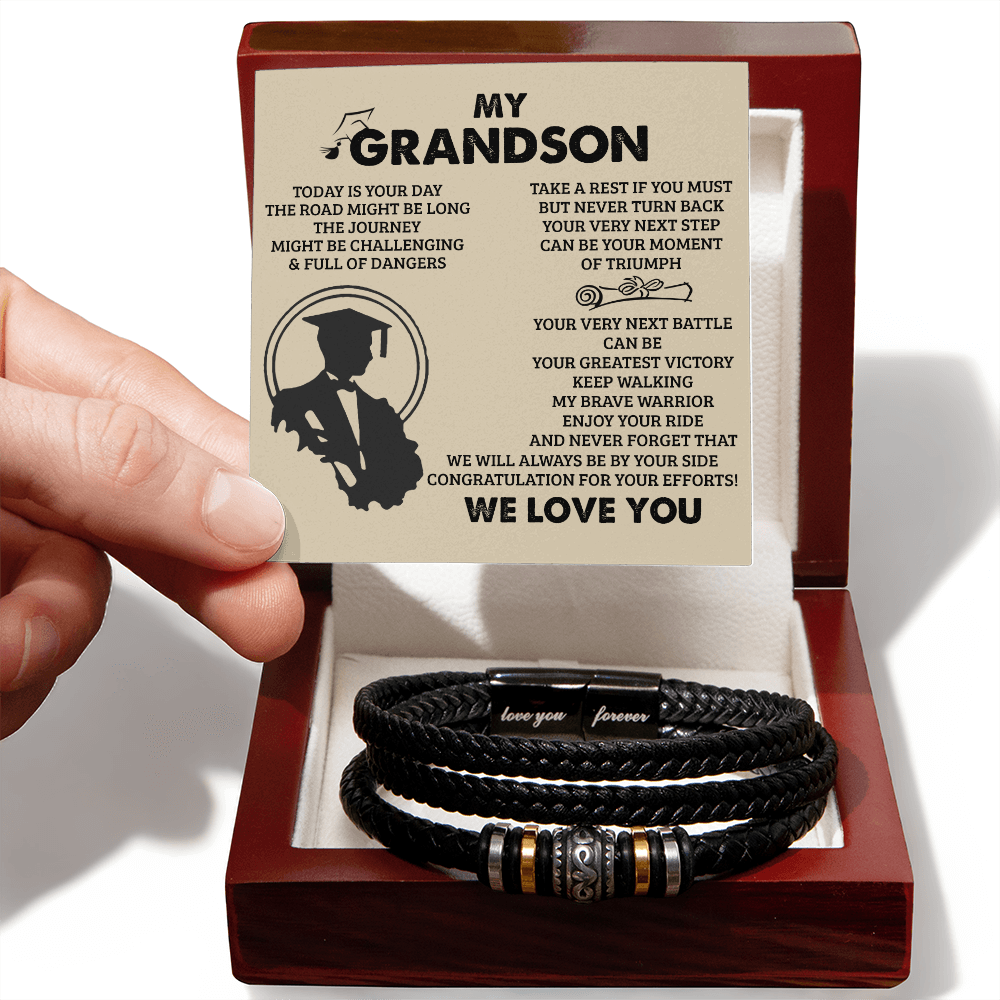 To My Grandson From Grandma, Braided Leather Bracelet With Love You Forever Message, Thoughtful Bracelets Gift from Grandpa And Grandma with Messages Card And Box On Christmas, Graduation