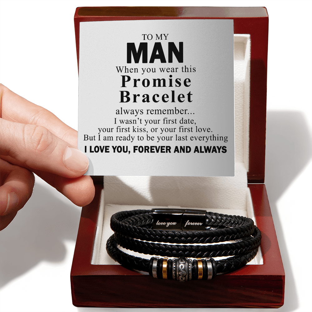 To My Man Bracelet With Box From Wife, Jewelry Gift For Mens, I Love You Forever Bracelets Gifts For Him Gift Card In My Massage Braided Leather Promise Bracelet On Anniversary, Christmas
