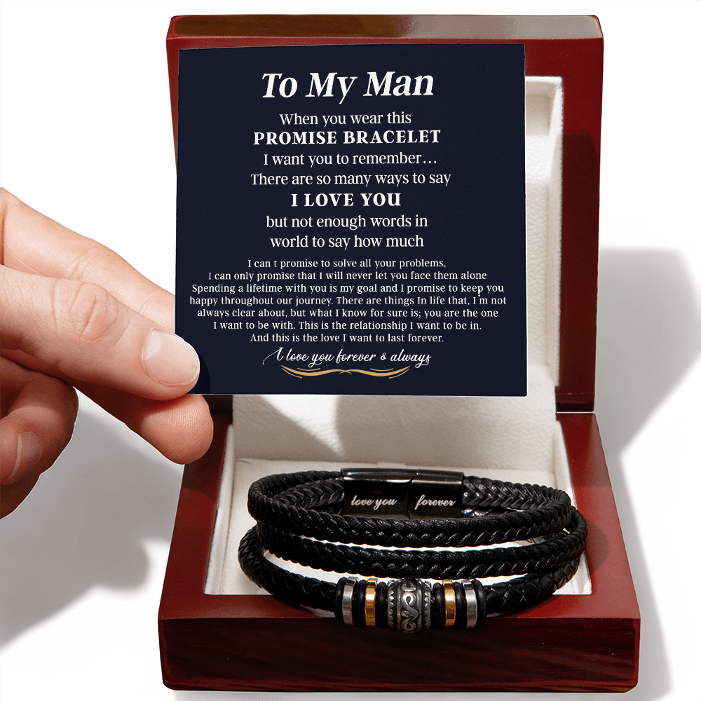 To My Man Bracelet With Box From Her, Jewelry Gift For Mens, Love You Forever Bracelets Gifts For Him Gift Card In My Massage Braided Leather Stainless Steel On Birthday, Anniversary, Christmas