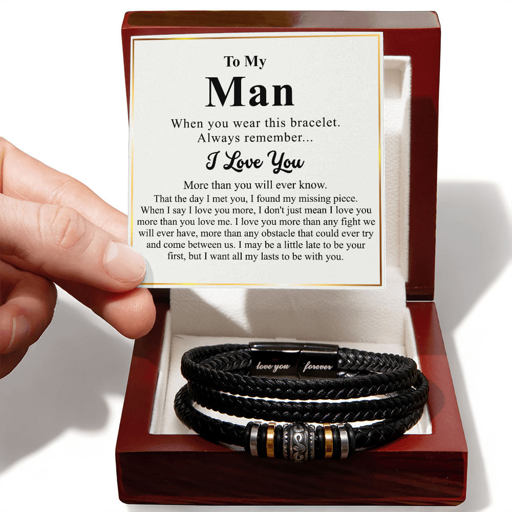 To My Man Bracelet With Box From Wife, Jewelry Gift For Mens, Love You Forever Bracelets Gifts For Him Gift Card In My Massage Braided Leather Stainless Steel On Anniversary, Christmas