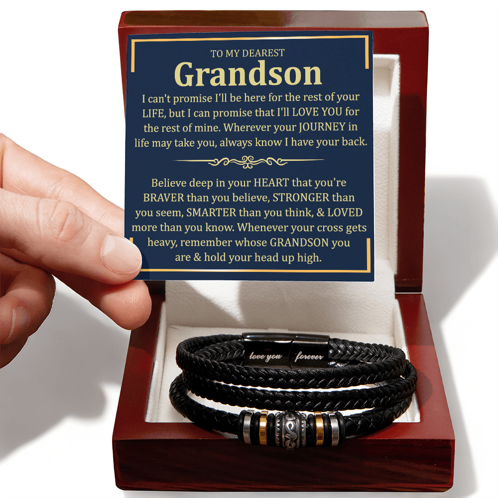 To My Dearest Grandson From Grandma, Braided Leather Bracelet Love You Forever Message, Thoughtful Bracelets Gift From Grandma With Messages Card And Box On Christmas, Graduation