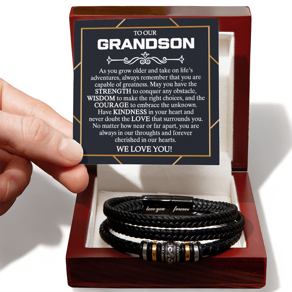 To My Grandson From Grandma, We Love You Braided Leather Bracelet Love You Forever Messages Card And Box, Thoughtful Bracelets Gift From Grandma On Christmas, Graduation