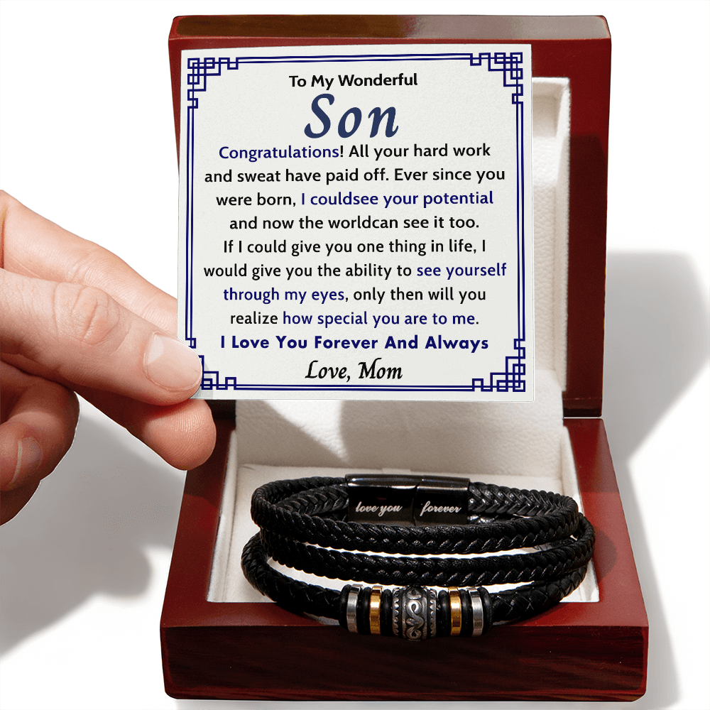 To My Wonderful Son Bracelet From Mom, I Love You Forever Bracelets Gifts For Him With Card In Box, Mens Leather Bracelet Jewelry For Men On Birthday, Anniversary, Grad, Graduation