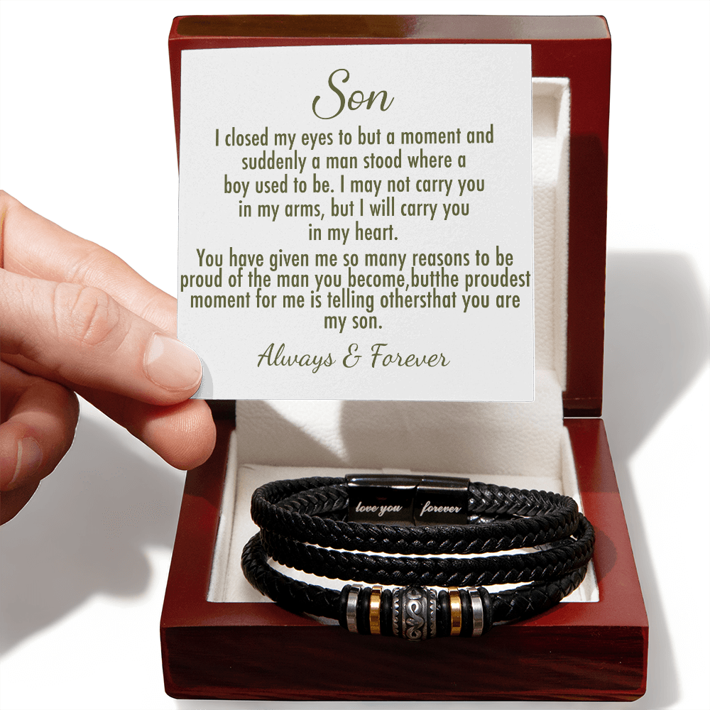 To My Son Bracelet From Mom, Love You Forever And Always Bracelets Gifts For Him With Card In Box, Mens Leather Bracelet For Sons On Birthday, Anniversary,  Highschool, Grad, Graduation