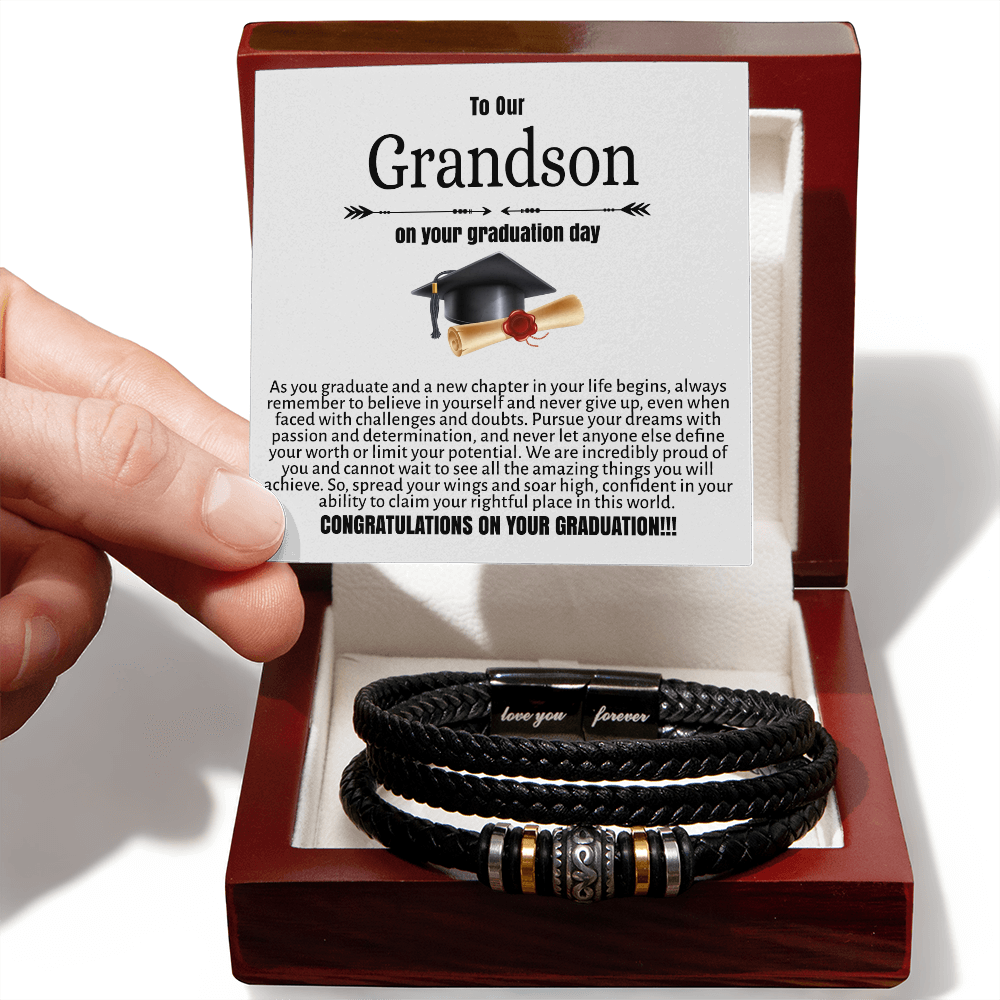 To My Grandson Leather Bracelet From Grandma or Grandpa, Inspirational Bracelets With Message Card In Box, Wristband for Birthday, Christmas, Graduation Love You Forever Bracelets Gifts For Him