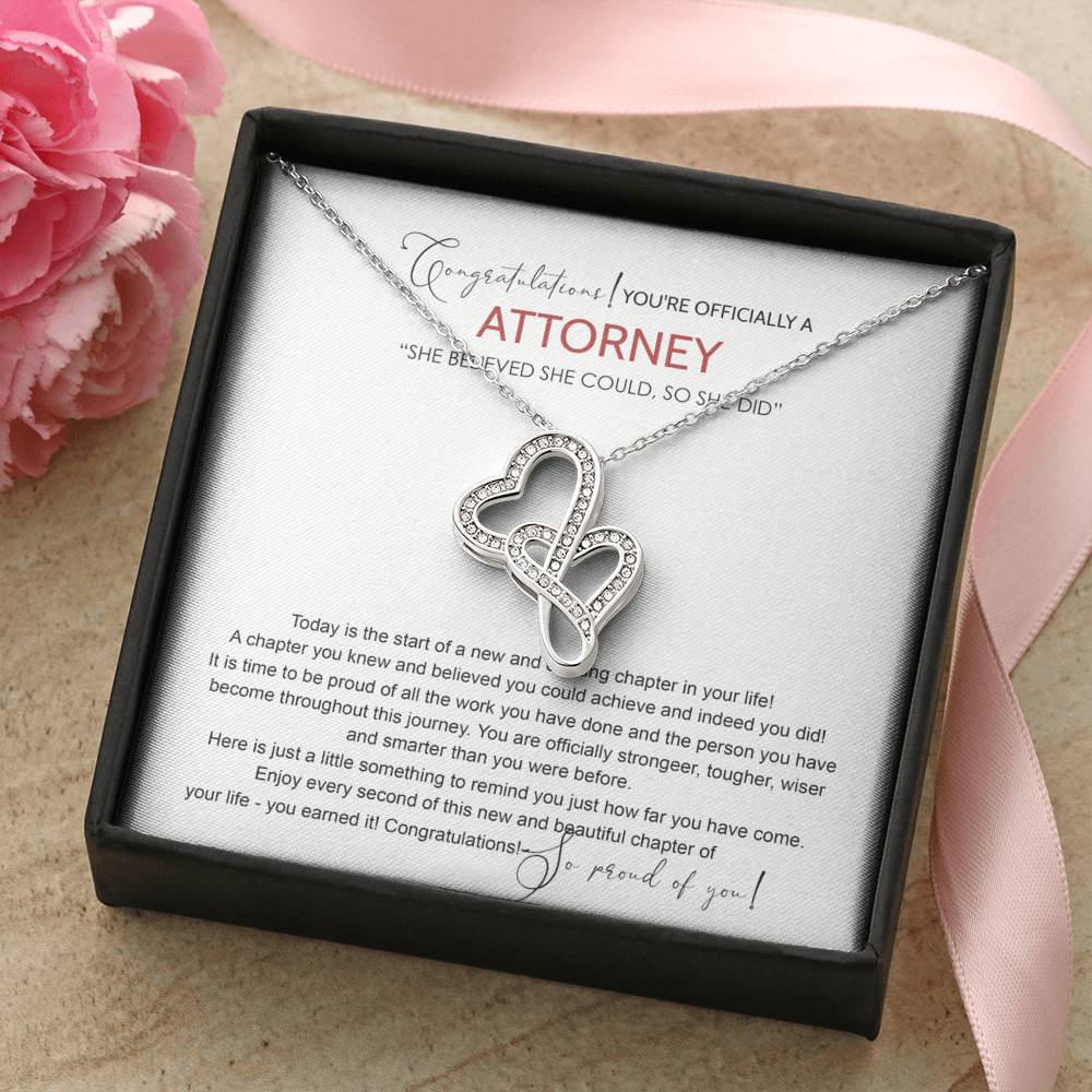 Law School Graduation Gift Necklace, Doctoral Degree, JD Graduation Gift, Law Student Gift, New Attorney Graduation With Message Card and Gift Box Necklace Double Hearts Necklace