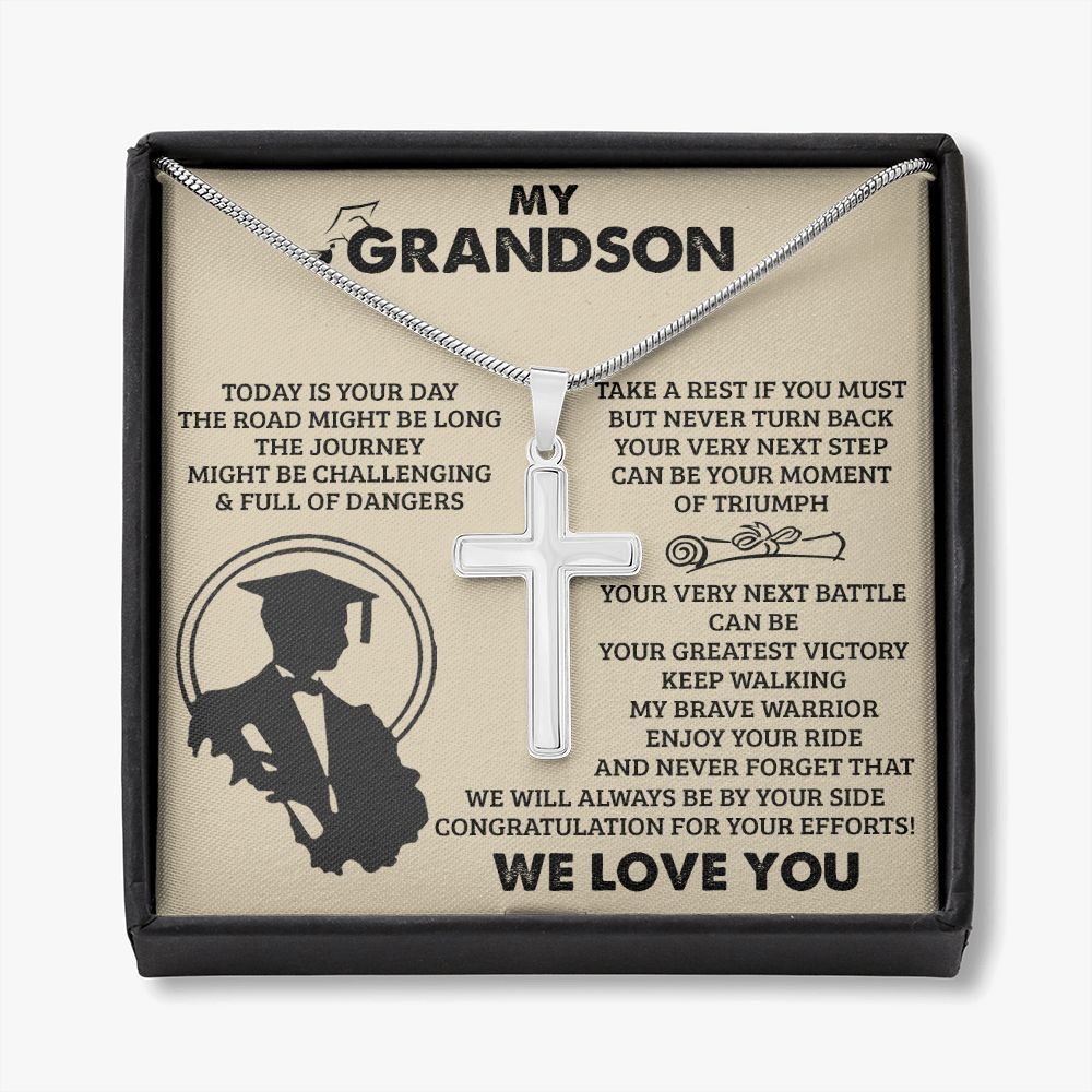 Grandson Birthday Gifts From Grandma Present For Grandson From Grandmother To My Grandson Necklace From Grandparents Cross Chain with Message Card and Gift Box Personalized Cross Necklace