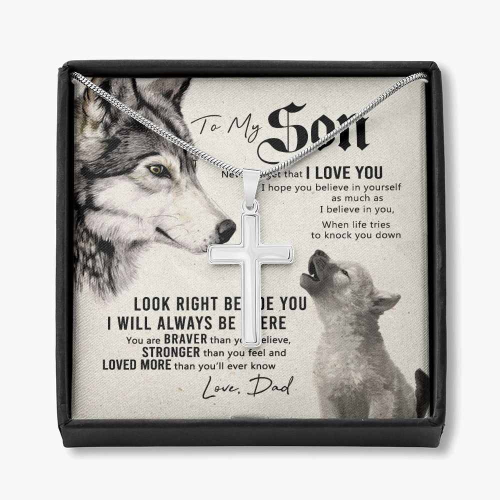 Wolf Father to Son Engraved Cross Necklace Birthday Gift for Son From Dad, Dady Meaningful Jewelry For Men Stainless Artisan Crafted Cross Necklace with Message Card Luxury Boxaa Personalized Cross Necklace