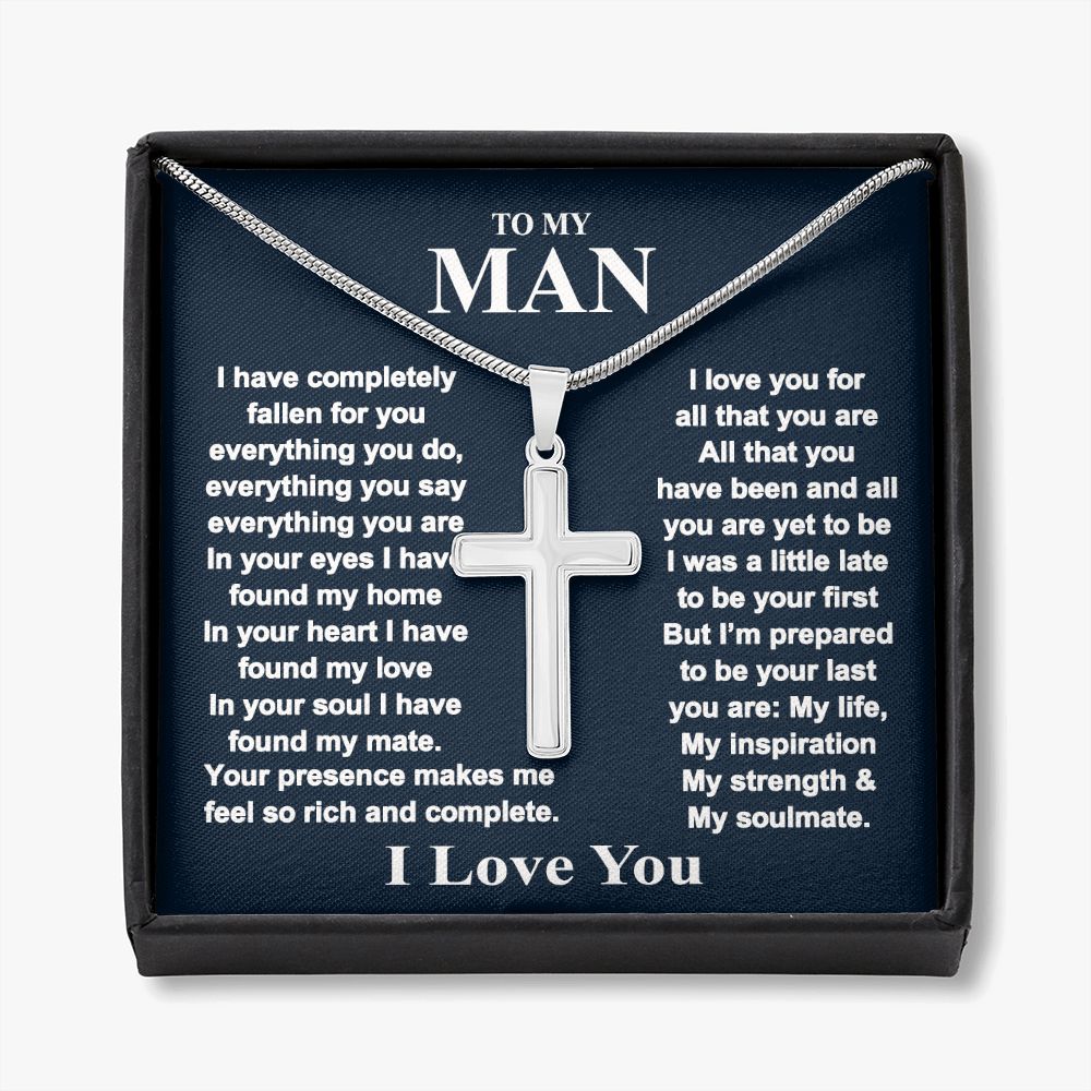 Jewelry For Mens - To My Man Personalized Engraved Cross Necklace Gift From Wife, Girlfriend, Fiancee Box With Card For Boyfriend, Anniversary Necklace, Valentine Day, Birthday Pendant Personalized Cross Necklace