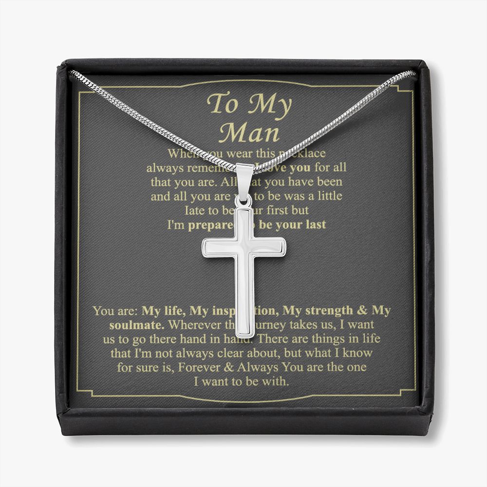 To My Man Cross Necklace Gift For Boyfriend, Boyfriend Birthday Cuban Link Necklace From Soulmate Wife Jewelry For Men Stainless Artisan Crafted Cross Necklace with Message Card Luxury Box Personalized Cross Necklace