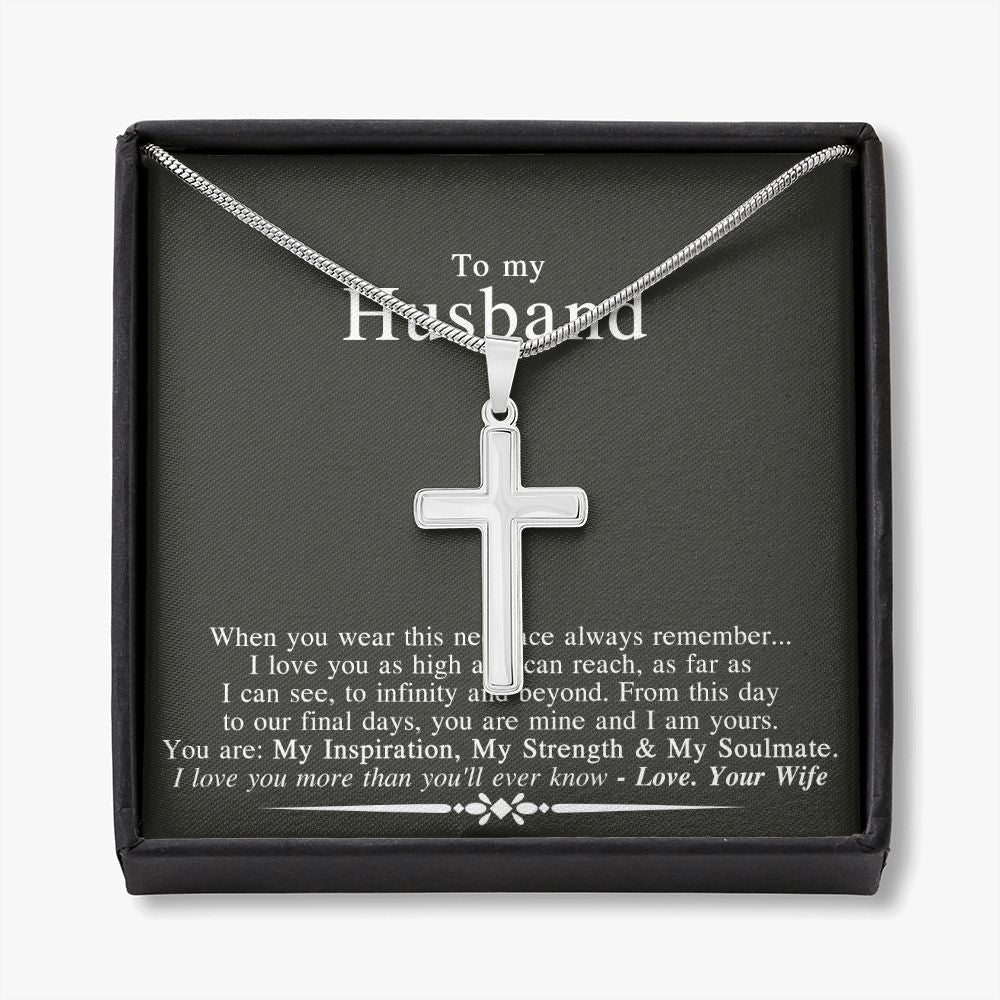 To My Husband Cuban Link Chain Necklace Gift For Husband From Wife Soulmate Anniversary Jewelry For Men Stainless Artisan Crafted Cross Necklace with Message Card Luxury Box Personalized Cross Necklace
