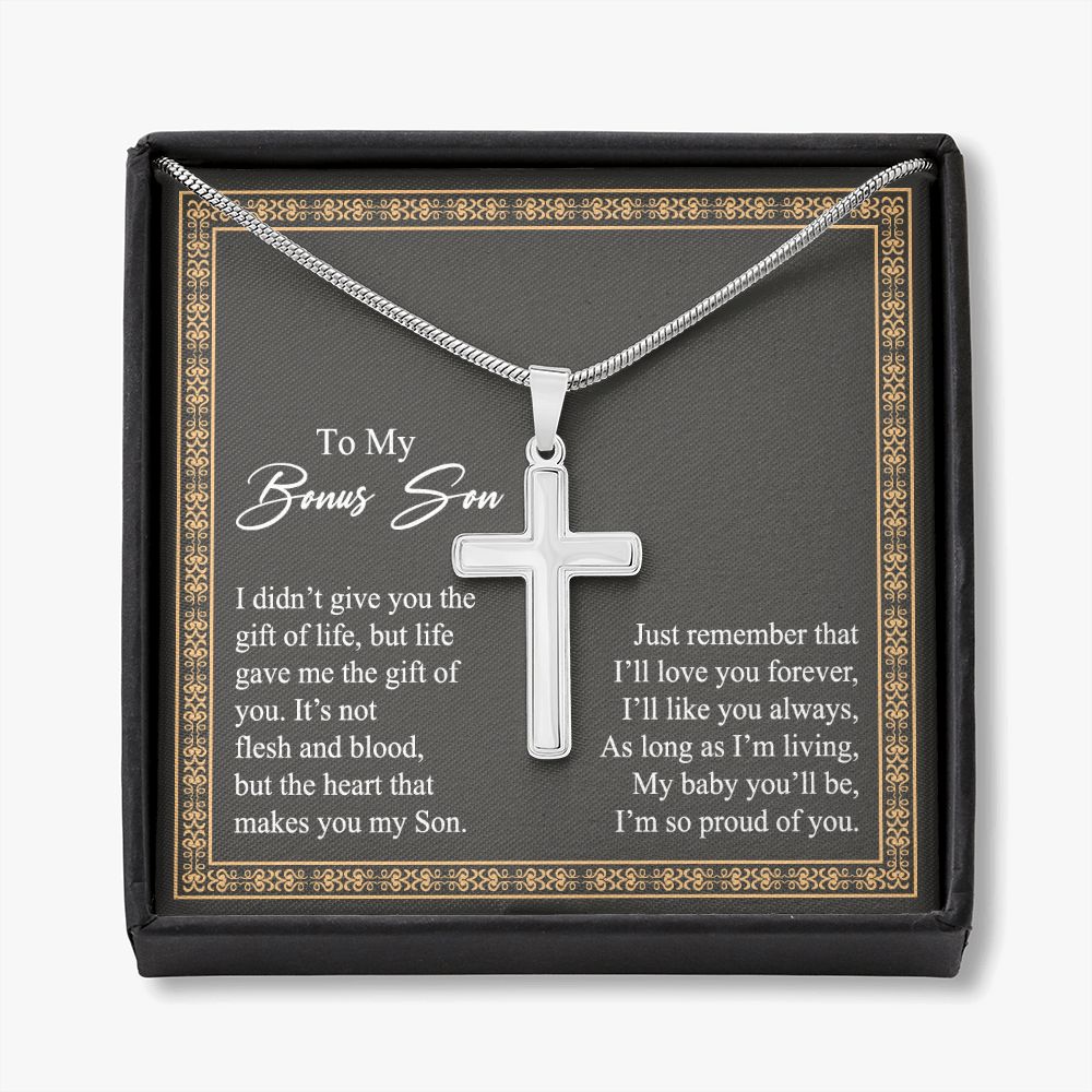 Jewelry For Mens - Bonus Son Necklace Gift, to My Bonus Son Jewelry from Mom, Lion Necklace Pendant, Step Son Gift, for Bonus Son, Adopted Son Gift Necklace, Stepchild Gifts 14K Cross Personalized Cross Necklace