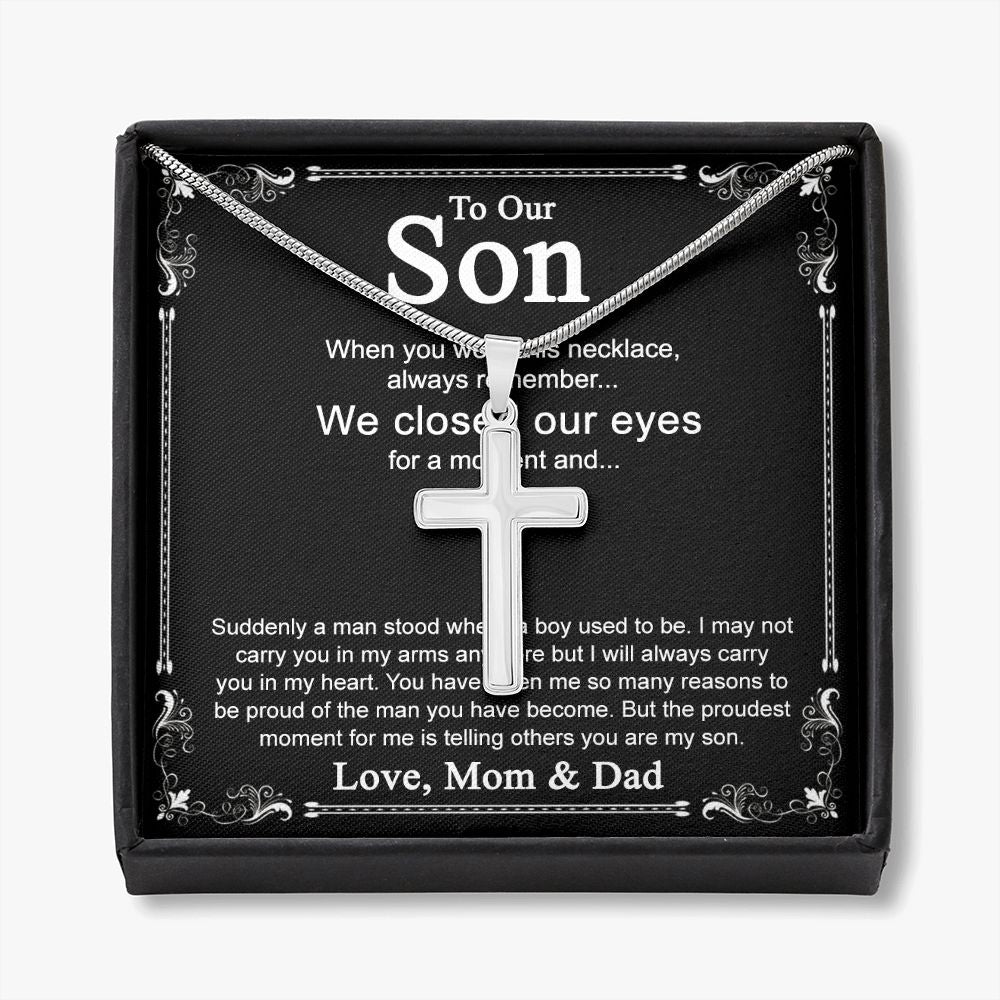 To Our Son Cross Necklace Pendant for Birthday Christmas Graduation Gift Cross Necklace from Dad Mom with Message Card and Gift Box For Son Personalized Gift Necklace for Son From Father and Mother Personalized Cross Necklace
