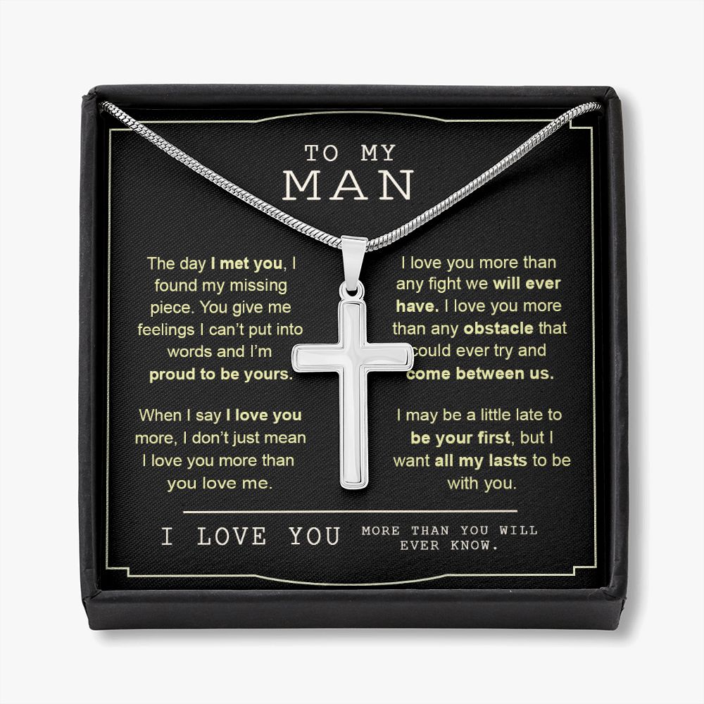 To My Man Necklace Gift or Him Cross Necklace Valentines Day Day For Man Husband From Wife Soulmate Jewelry For Men Stainless Artisan Crafted Cross Necklace with Message Card Luxury Box Personalized Cross Necklace