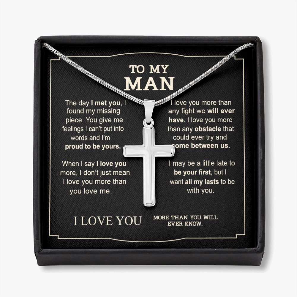 To My Man Cross Necklace Gifts For Man On Birthday Gift Communion Present Necklace From Fiancee, Soulmate Jewelry For Men, Stainless Artisan Crafted Cross Necklace Gift For Man with Message Card Personalized Cross Necklace