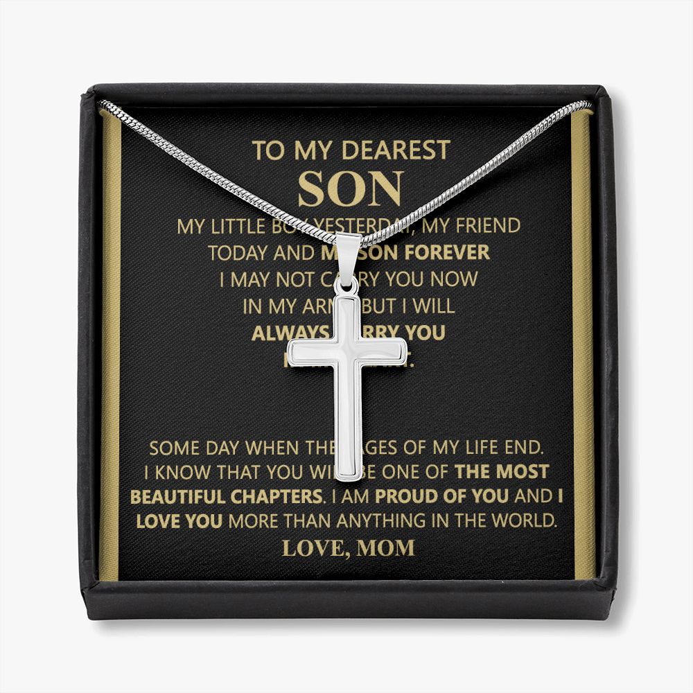To My Son Link Chain Necklace Gift for Son Birthday, Graduation Christmas Jewelry For Men Stainless Artisan Crafted Cross Necklace with Message Card Luxury Box Personalized Cross Necklace