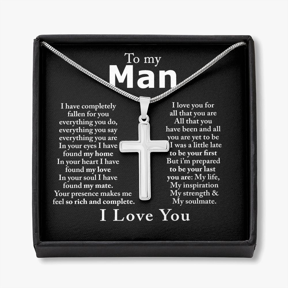 To My Man Cross Necklace Gift For Him Cross Necklace Valentines Day For Boyfriend From Fiancee Soulmate Wife Jewelry For Men Stainless Artisan Crafted Cross Necklace with Message Card Personalized Cross Necklace