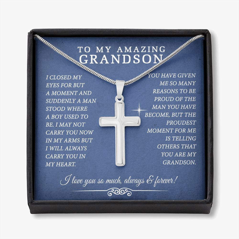 Grandson Gift, To My Grandson Necklace Gifts For Grandson From Grandmother Jewelry For Men Stainless Artisan Crafted Cross Necklace with Message Card Luxury Box Personalized Cross Necklace